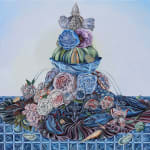 Sabrina Bockler painting of feast on table piled up - lobsters, florals, melons, etc