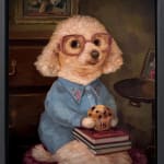A painting of a seated white dog wearing square glasses, a blue shirt, holding a stack of books and a muffin.