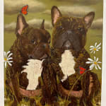 Painting of two dark brown and white dogs sitting next to each other with white daisies surrounding them and two red butterflies on them.