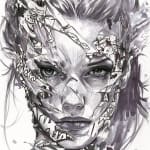 ink drawing of a woman with torn comic book piece across her faces