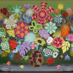 large bouquet of wildly colored and texture flowers in a vase over a muddy green background in a frame