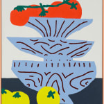 Painting of four tomatoes on the vine on a plate stacked on top of two other plates. In front of the plates are three yellow fruits