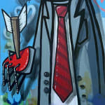 grey robot with a suit jacket and red striped tie holding a red heart with an arrow through it