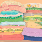 Danym Kwon's painting of folded blankets with scenes in each blanket