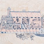 A painting by KeFe depicting a long car filled with lots of different recurring characters. The colors are very pastel and the background is a light pink psychedelic pattern.