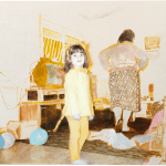 Ester Tuva - Painting of a little girl wearign yelow top and bottom in a living room with two other women behind her.