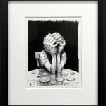 drawing of a man with enormous hands clasped around his head by Miles Johnston