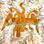 Detail shot of Mu Pan painting of animals and human hybrid creatures eating, fighting, sleeping, etc