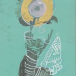 A painting by KeFe depicting abstracted forms with a pizza character painted overtop the earth tones in white paint.