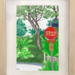 framed drawing - sketch of a stop sign surrounded by green trees and plants