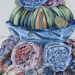 Detail of Sabrina Bockler painting of feast on table piled up - lobsters, florals, melons, etc