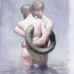 painting of two figures embracing being intersected by a ring