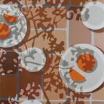 Natalia Juncadella painting of tiled floor with shadows, white plates with oranges
