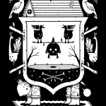 Black and white illustration of a crest like composition depicting a variety of birds, a roof, and a turtle and in the center a silhouette of two ducks carrying a turtle in the air by artist Jeremy Fish