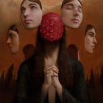 figure with clasped hands a face covered in eyes with 4 floating faces in a circle around it