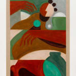 Abstracting painting of a woman holding a green vase