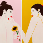 Painting of two women with their backs facing the viewer. One is holding a sunflower the other is holding the other arm.