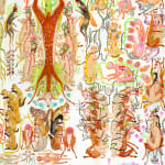 Detail shot of Mu Pan painting of animals and human hybrid creatures eating, fighting, sleeping, etc