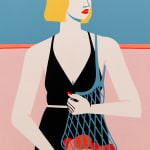 Painting of woman in black dress and a bag of citrus fruit by Jillian Evelyn