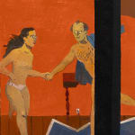 two half nude people holding hands in a red room