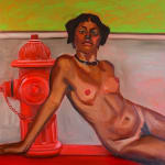 Simone Quiles - an oil painting of a woman leaning against a fire hydrant, the woman is shirtless and has the facial feature of a dog