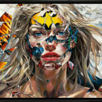 painting of a blond woman with tears in the image revealing comic book images over a light background framed