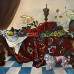 Painting of a lush still-life dinner scene featuring a large lobster and a small dog on a blue and white checkered floor by Sabrina Bockler