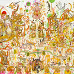 painting by Mu Pan of creatures, animals and human hybrids eating, sleeping, killing, flying and climbing