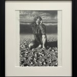 Drawing of a woman with a blindfold kneeling amongst a sea of small figures