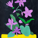 collage of purple flowers and green leaves with a yellow stripe on the bottom on a black background
