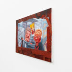 Painting of two elderly male puppets, the background is a house that is crumpling down with a window that overlooks two trees