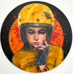 Circular painting of a woman in a yellow helmet and shirt in front of a blood spattered background