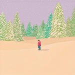Danym Kwon - painting of a child in front of a forest. He is wearing a jacket and a pair of blue jeans. It is snowing, and the sky is painted in purple