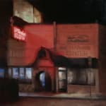 Kim Cogan - painting of a store from street view at night with its neon light sign on