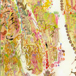 Detail shot of Mu Pan painting of animals and human hybrid creatures eating, fighting, sleeping, etc