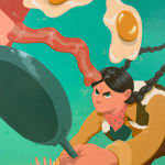 Painting of a woman with two long black braids running and holding a frying pan with a slice of bacon and two eggs coming out of it