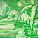 Grace Tobin painting in green tones. Flowers in vase and stack of books with coffee mug on top