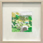 framed drawing - sketch of green trees and grey buildings