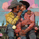 Painting of two male figures embracing each other and kissing. They are both wearing western clothing with cowboy hats and bandanas around their necks. In the background is a desert landscape with cactus and pink clouds.