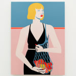 Painting of woman in black dress and a bag of citrus fruit by Jillian Evelyn