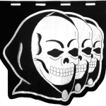embroidered black and white banner showing three hooded skulls in a row