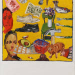 painting featuring a collage of items and people with a yellow background