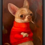 dog wearing an orange sweater smoking a cigarette