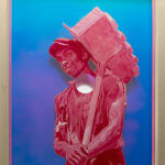 painting of a man in pink carrying a shovel over a blue background