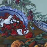 Painting of a a dog grabbing a whole fish from a table that is covered in strawberries, oranges and a giant bouquet of flowers with a moth flying over head.