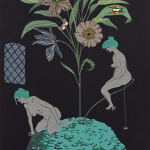 Oona Brangam-Snell hand-woven embroidery of large frog, flowers and fairy like women