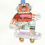 A piece by Ferris Plock of one of his illustrative characters wearing headphones and riding a skateboard. The character is wearing very vivid colorful and pattern filled clothing.