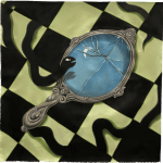 Minyoung Kim painting of black snake looking into broken hand mirror that is reflecting a crescent moon. Black and green checkered tile floor background