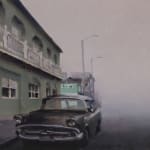 Kim Cogan painting of vintage car next to green building, foggy street in background