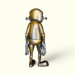 back view of a bronze robot statue with an open door on his chest revealing a heart